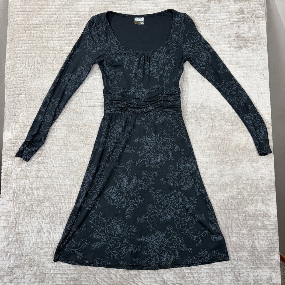 Athleta Womens XS Black Floral Ruched Empire Waist‎ Long Sleeve A-Line Dress